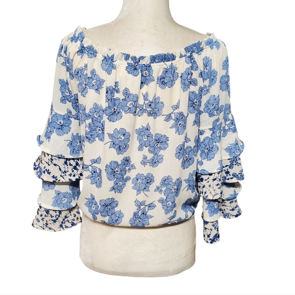 Vintage Havana Women's Size Small Blouse Blue Floral Tie Front Tiered Sleeve - Picture 6 of 12